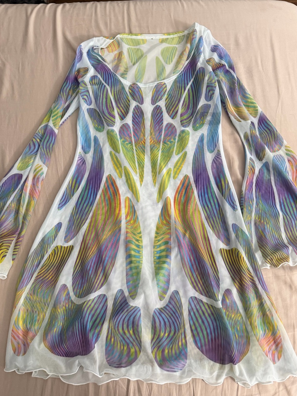 White Multicolor Patterned Long-Sleeve Dress